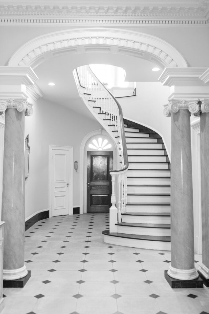 The grand stair case leading up to the bridal suite